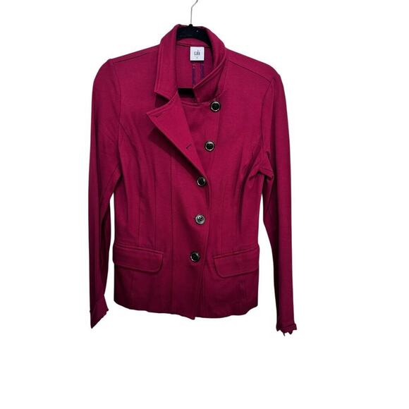 Cabi #3175 Women's Red Ponte Knit Long Sleeve Asymmetric Button Up Blazer Size 8 - Picture 2 of 6